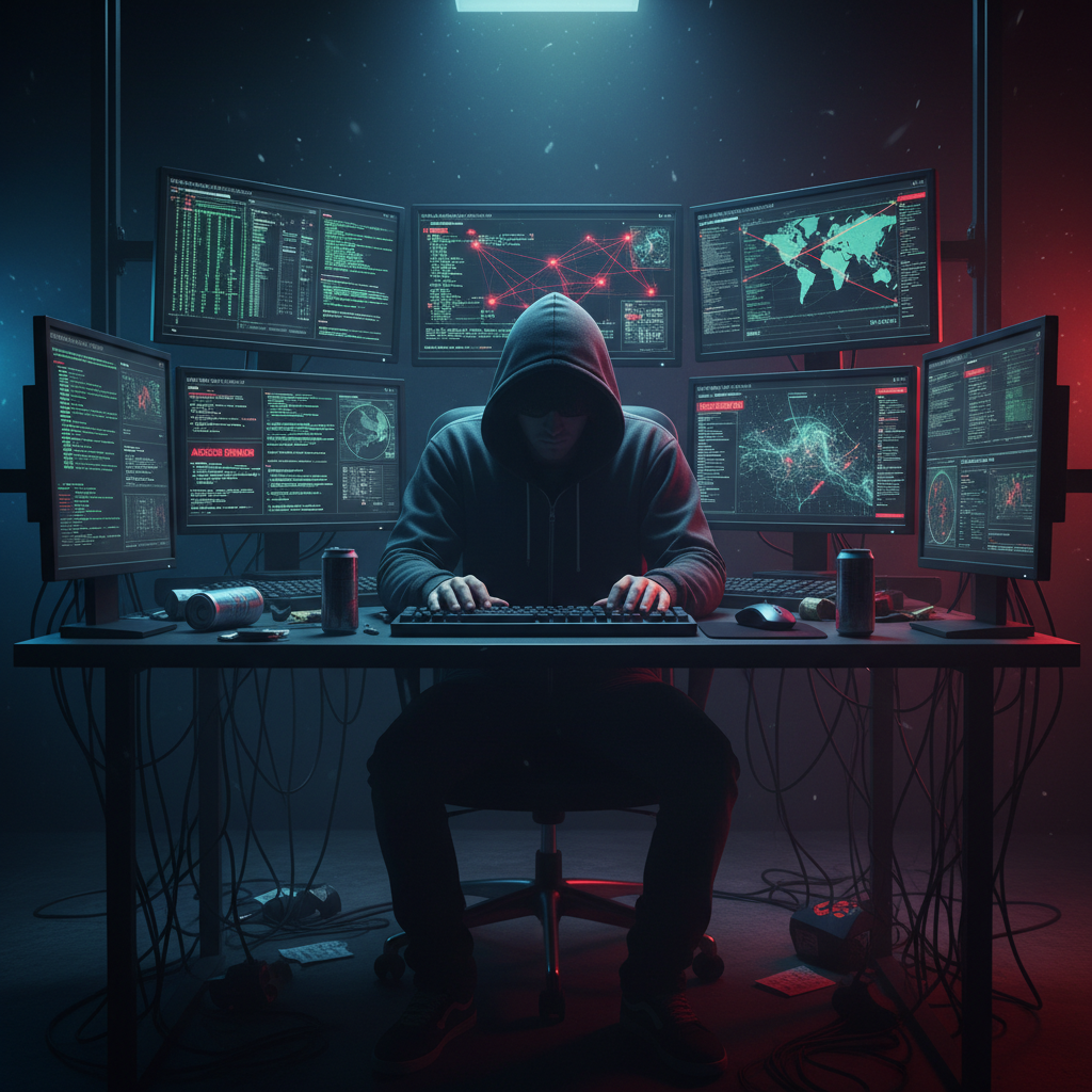 Insider threat hacker with monitors